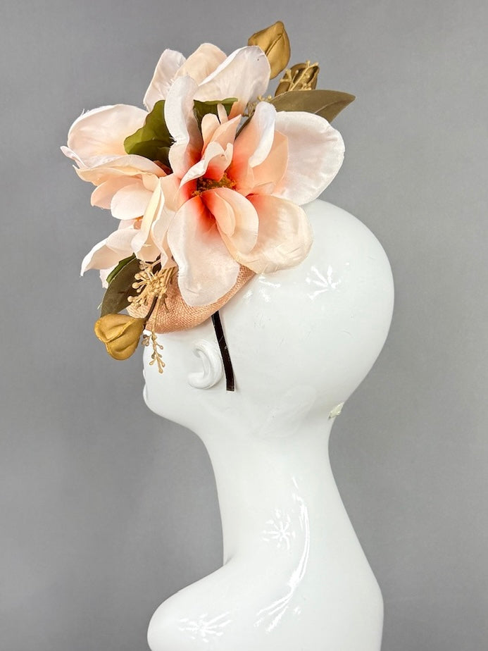 Kentucky Derby Fascinator Hat |  Oversized blush magnolia and gold blossom Headpiece | Derbyologie