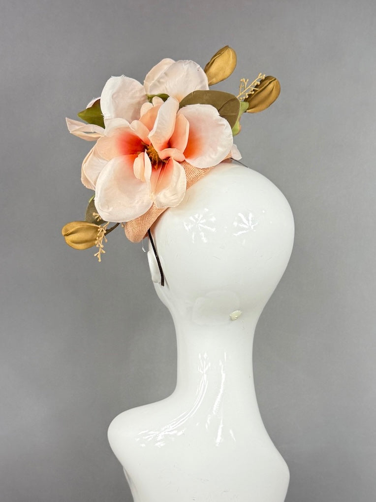 Kentucky Derby Fascinator Hat |  Oversized blush magnolia and gold blossom Headpiece | Derbyologie