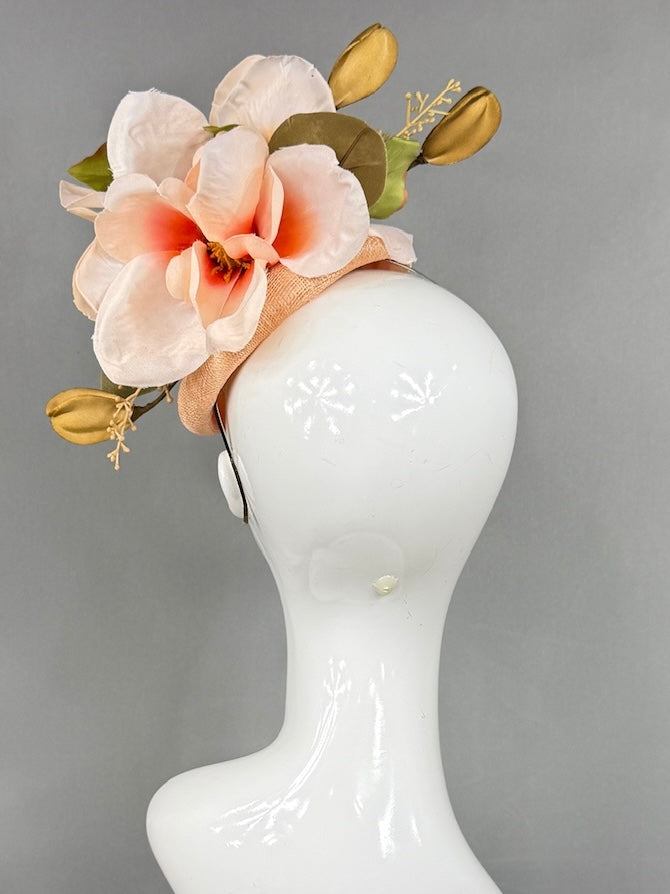 Kentucky Derby Fascinator Hat |  Oversized blush magnolia and gold blossom Headpiece | Derbyologie