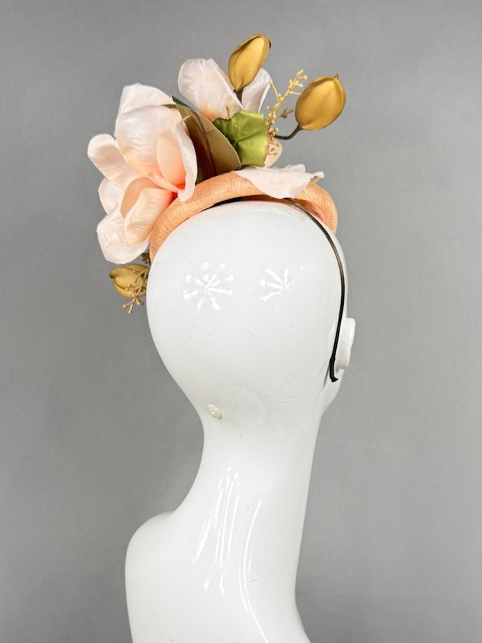 Kentucky Derby Fascinator Hat |  Oversized blush magnolia and gold blossom Headpiece | Derbyologie