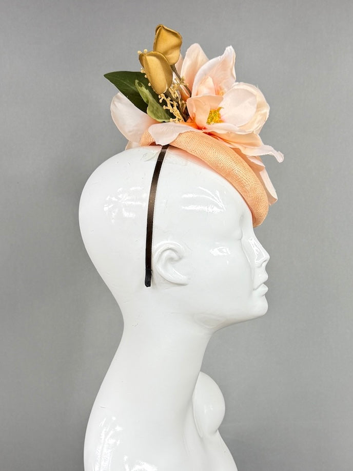 Kentucky Derby Fascinator Hat |  Oversized blush magnolia and gold blossom Headpiece | Derbyologie