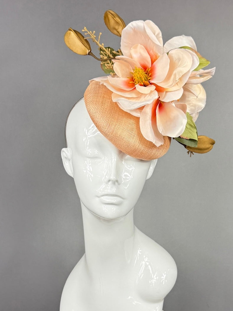 Kentucky Derby Fascinator Hat |  Oversized blush magnolia and gold blossom Headpiece | Derbyologie