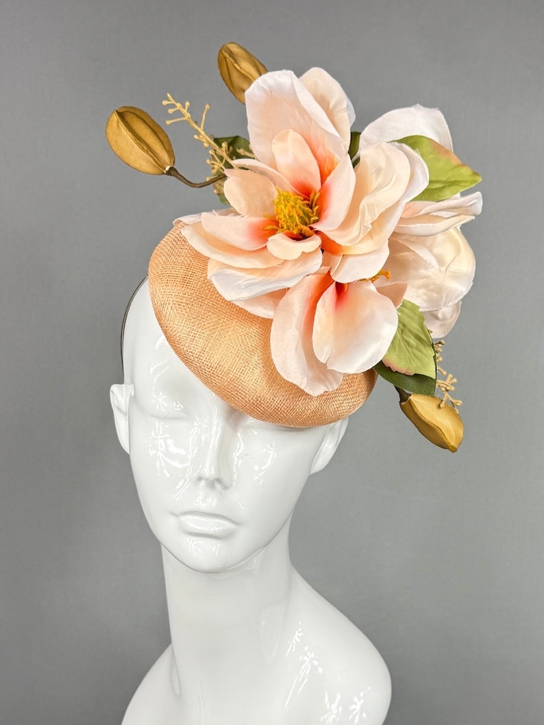 Kentucky Derby Fascinator Hat |  Oversized blush magnolia and gold blossom Headpiece | Derbyologie
