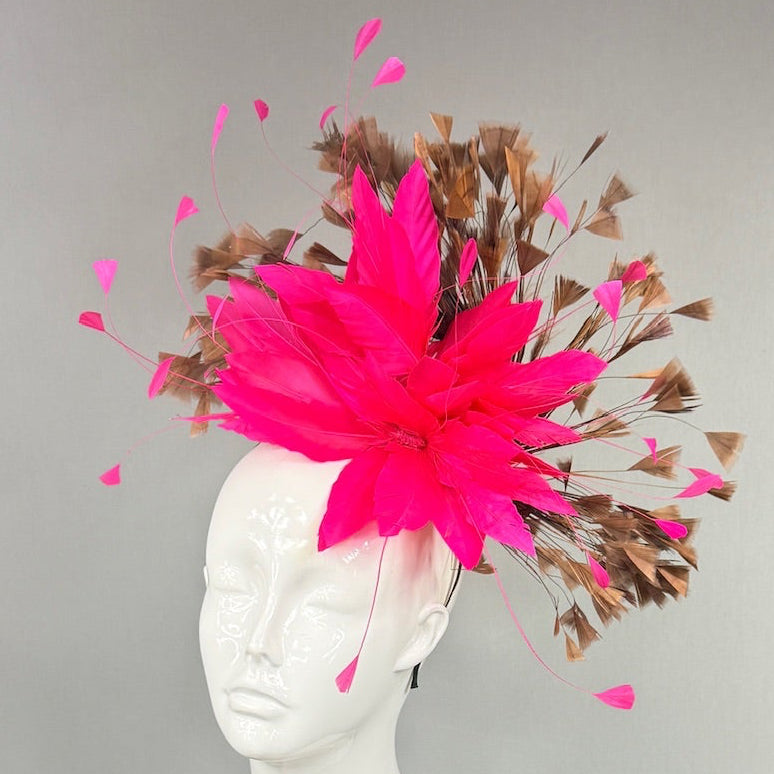 Kentucky Derby Fascinator Hat |  Hot pink and brown feathers Headpiece | Derbyologie