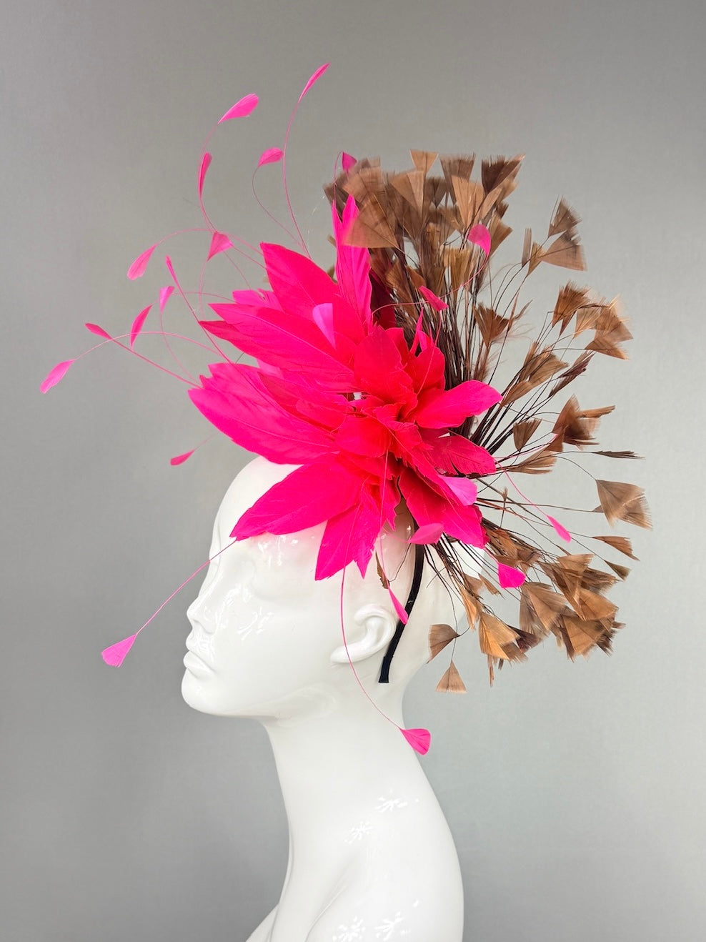 Kentucky Derby Fascinator Hat |  Hot pink and brown feathers Headpiece | Derbyologie
