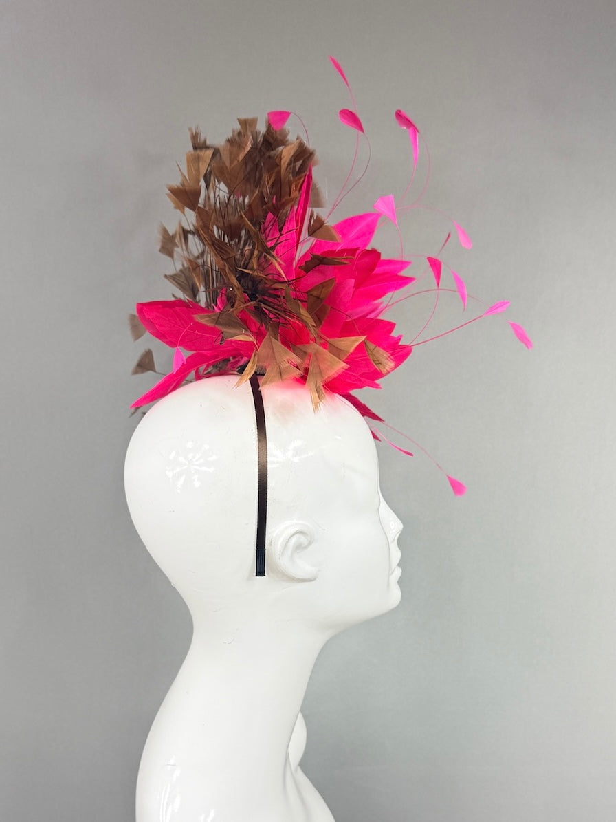 Kentucky Derby Fascinator Hat |  Hot pink and brown feathers Headpiece | Derbyologie