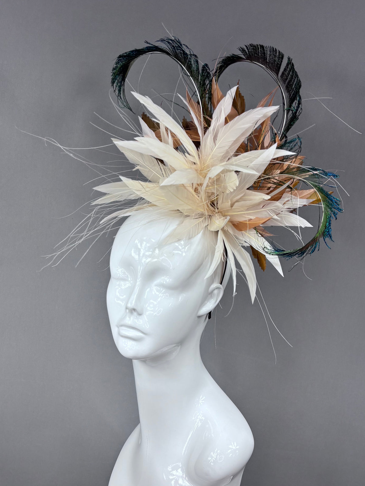 Kentucky Derby Fascinator Hat | Cream, brown, and peacock feathers Headpiece | Derbyologie