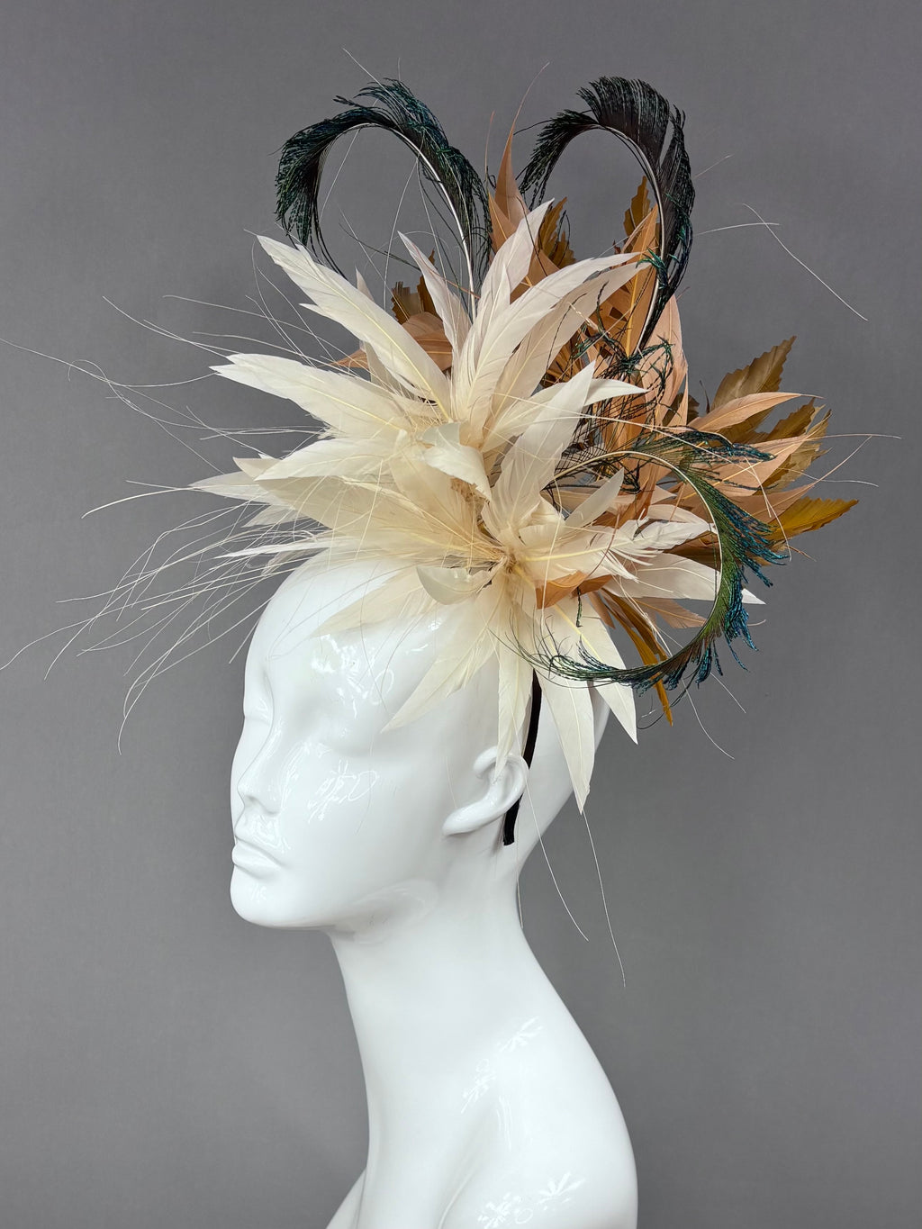 Kentucky Derby Fascinator Hat | Cream, brown, and peacock feathers Headpiece | Derbyologie