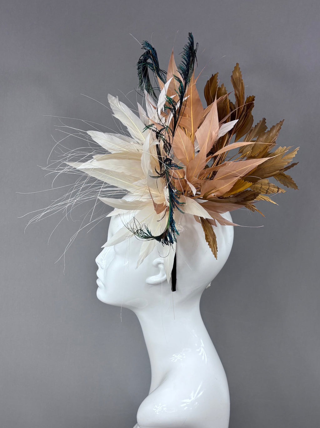 Kentucky Derby Fascinator Hat | Cream, brown, and peacock feathers Headpiece | Derbyologie