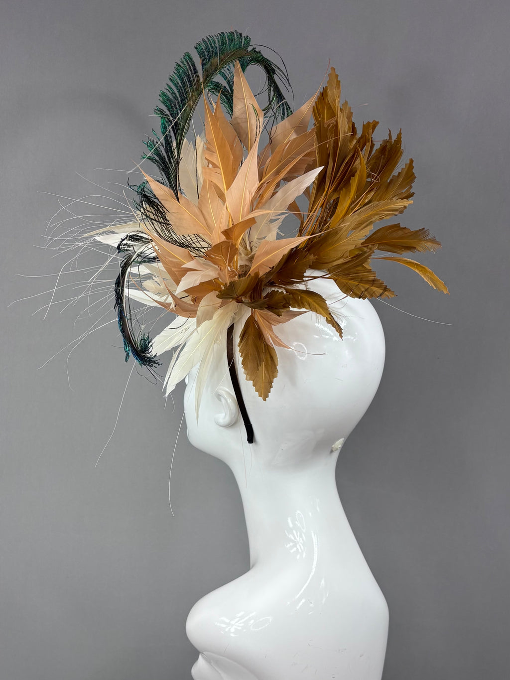 Kentucky Derby Fascinator Hat | Cream, brown, and peacock feathers Headpiece | Derbyologie