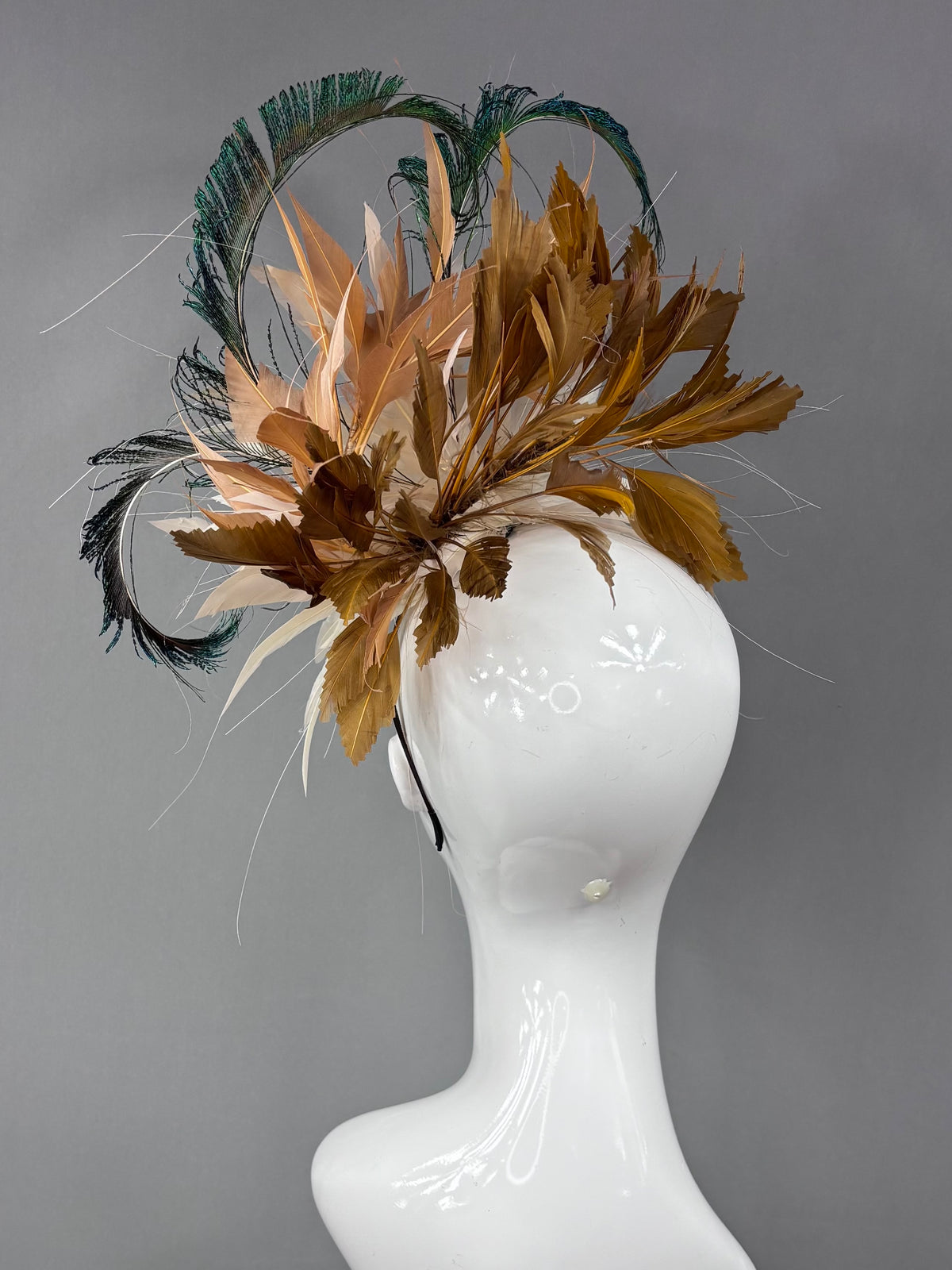Kentucky Derby Fascinator Hat | Cream, brown, and peacock feathers Headpiece | Derbyologie