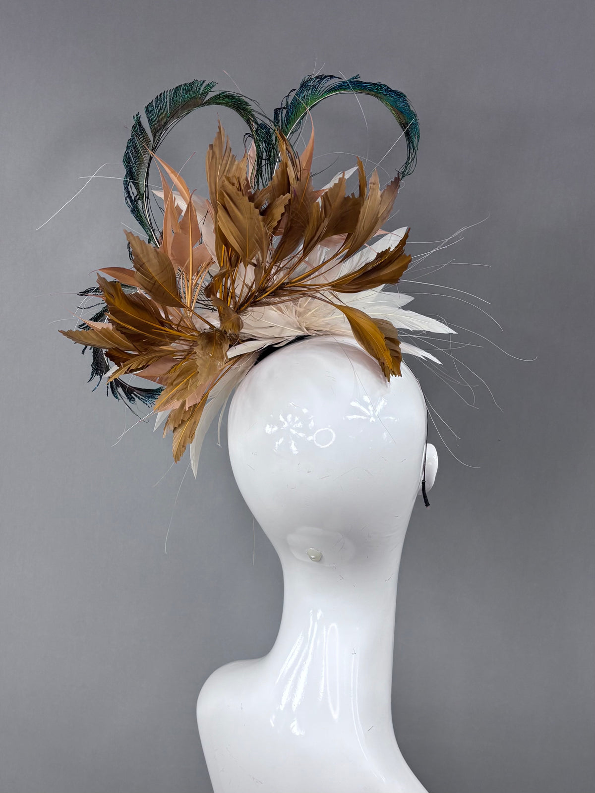 Kentucky Derby Fascinator Hat | Cream, brown, and peacock feathers Headpiece | Derbyologie