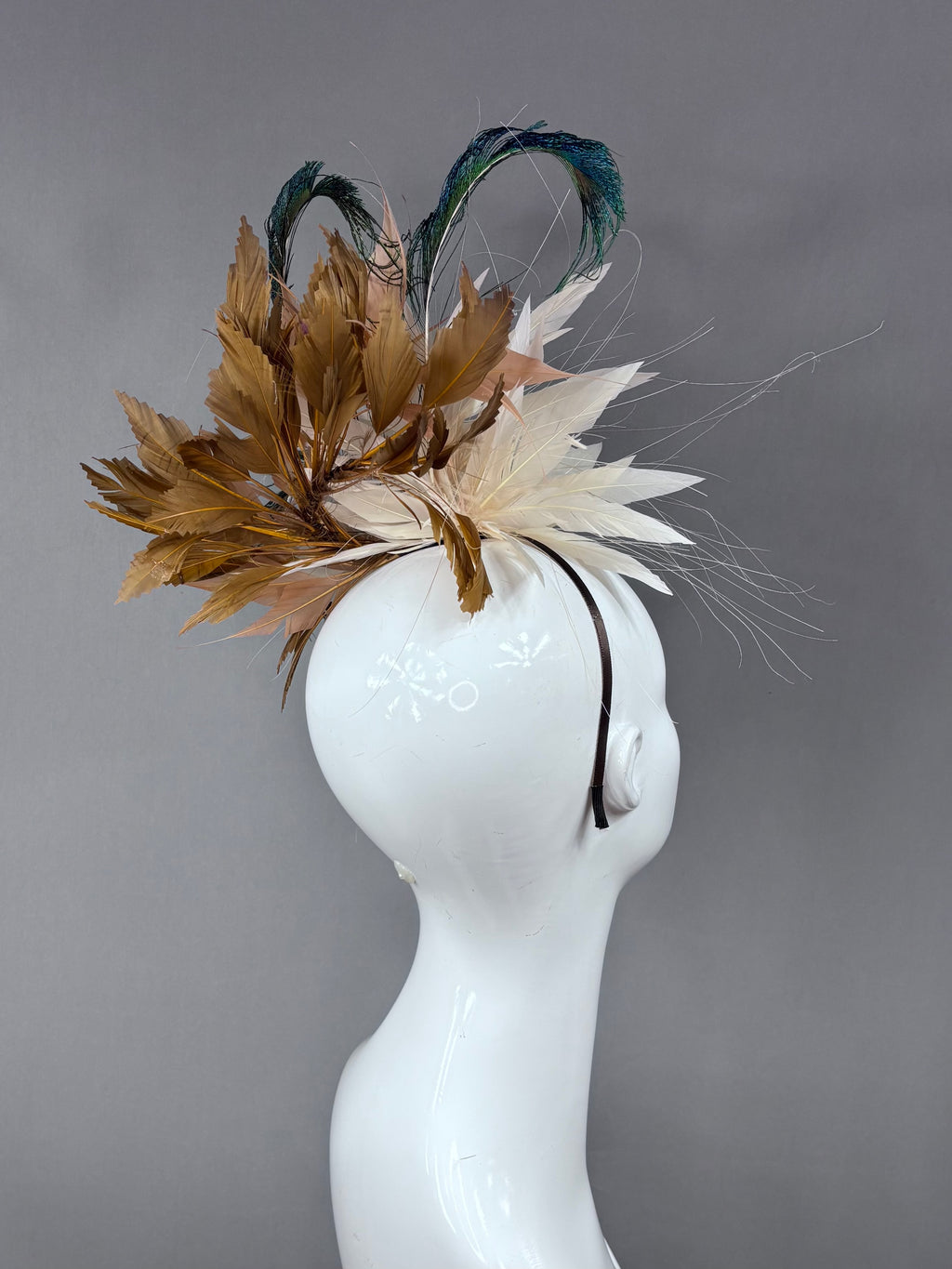 Kentucky Derby Fascinator Hat | Cream, brown, and peacock feathers Headpiece | Derbyologie