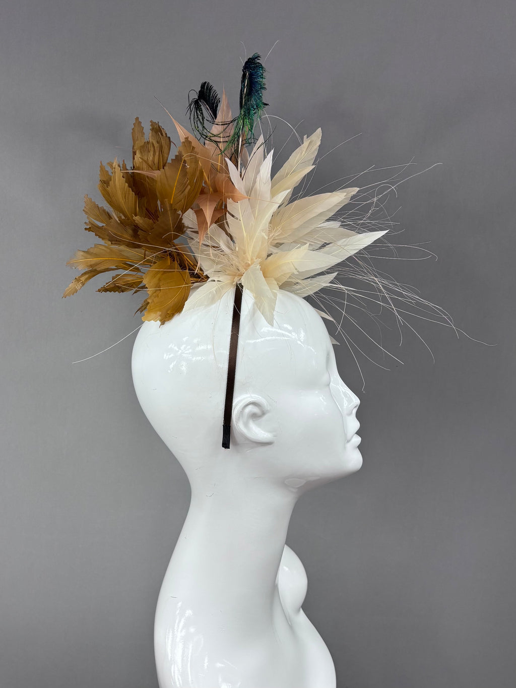 Kentucky Derby Fascinator Hat | Cream, brown, and peacock feathers Headpiece | Derbyologie