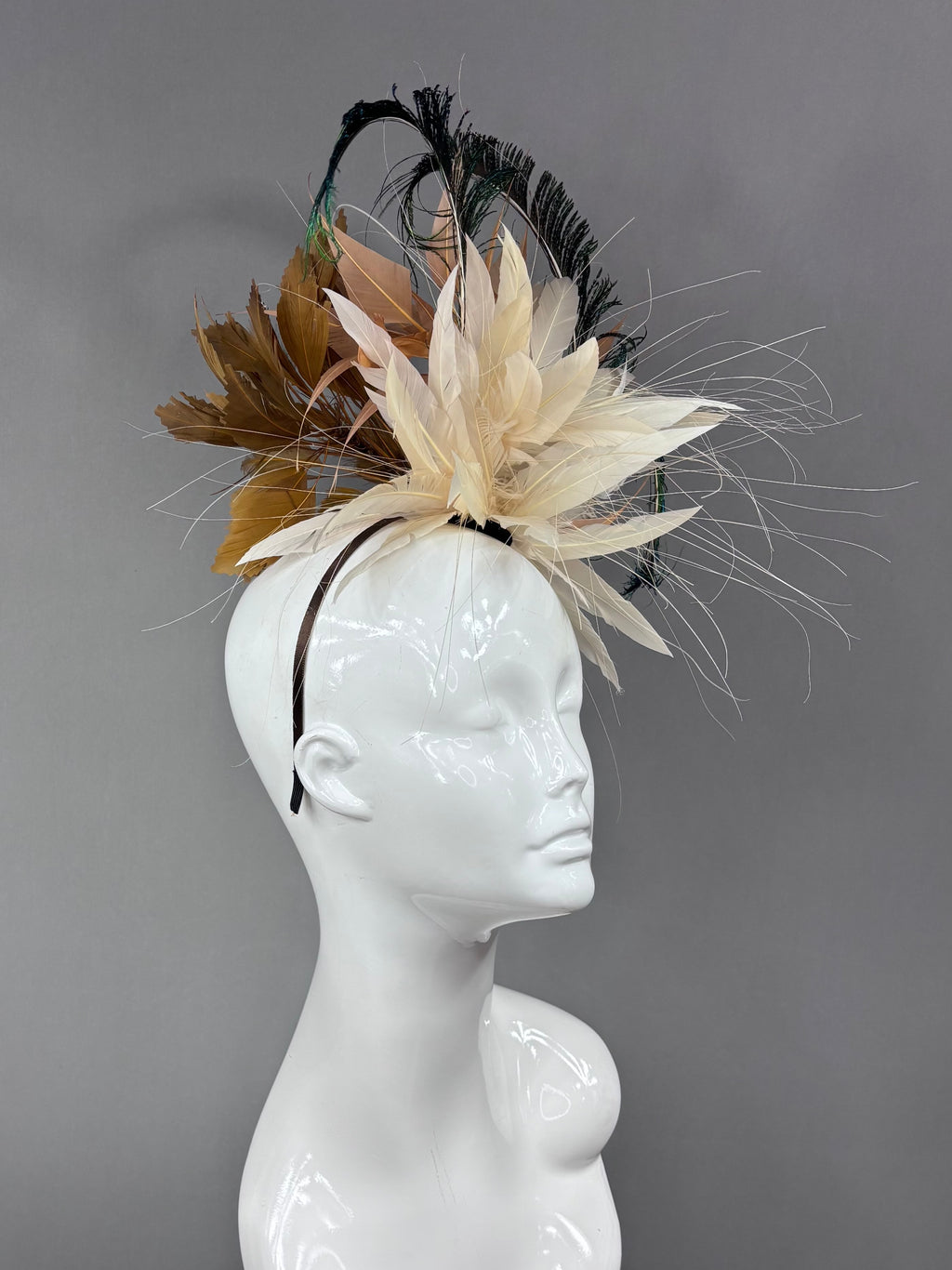 Kentucky Derby Fascinator Hat | Cream, brown, and peacock feathers Headpiece | Derbyologie
