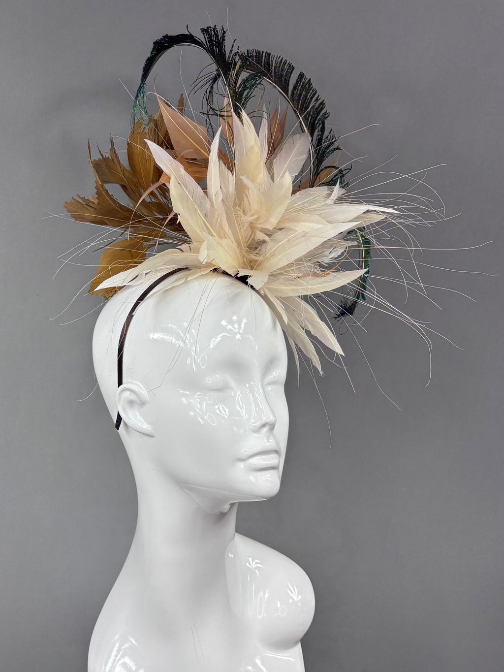Kentucky Derby Fascinator Hat | Cream, brown, and peacock feathers Headpiece | Derbyologie