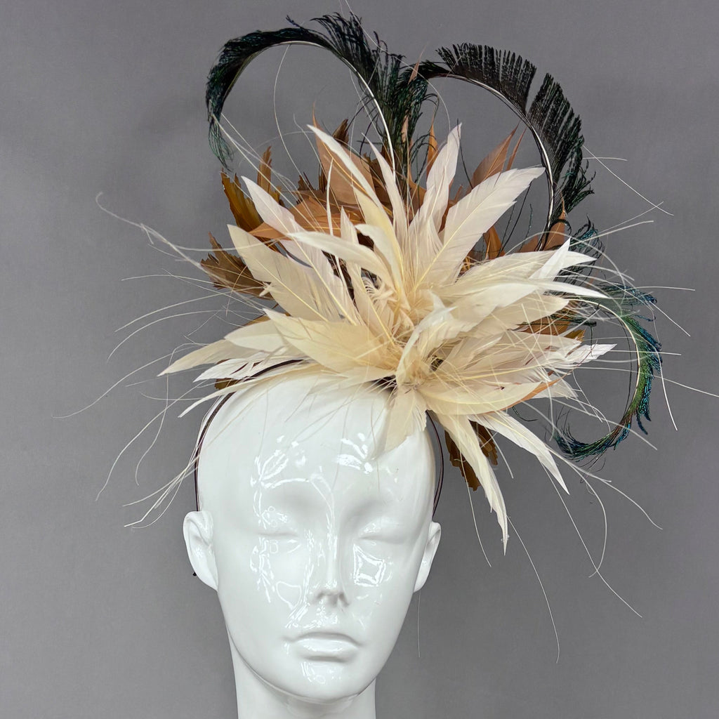 Kentucky Derby Fascinator Hat | Cream, brown, and peacock feathers Headpiece | Derbyologie