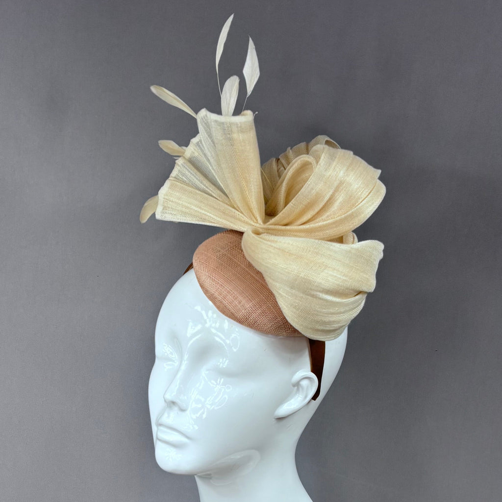 Kentucky Derby Fascinator Hat | Cream silk with cream feathers on beige button Headpiece | Derbyologie