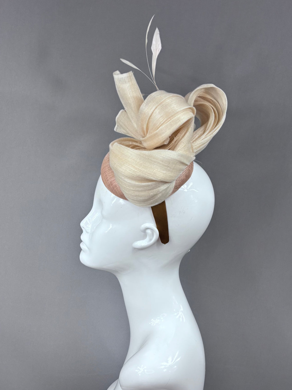 Kentucky Derby Fascinator Hat | Cream silk with cream feathers on beige button Headpiece | Derbyologie