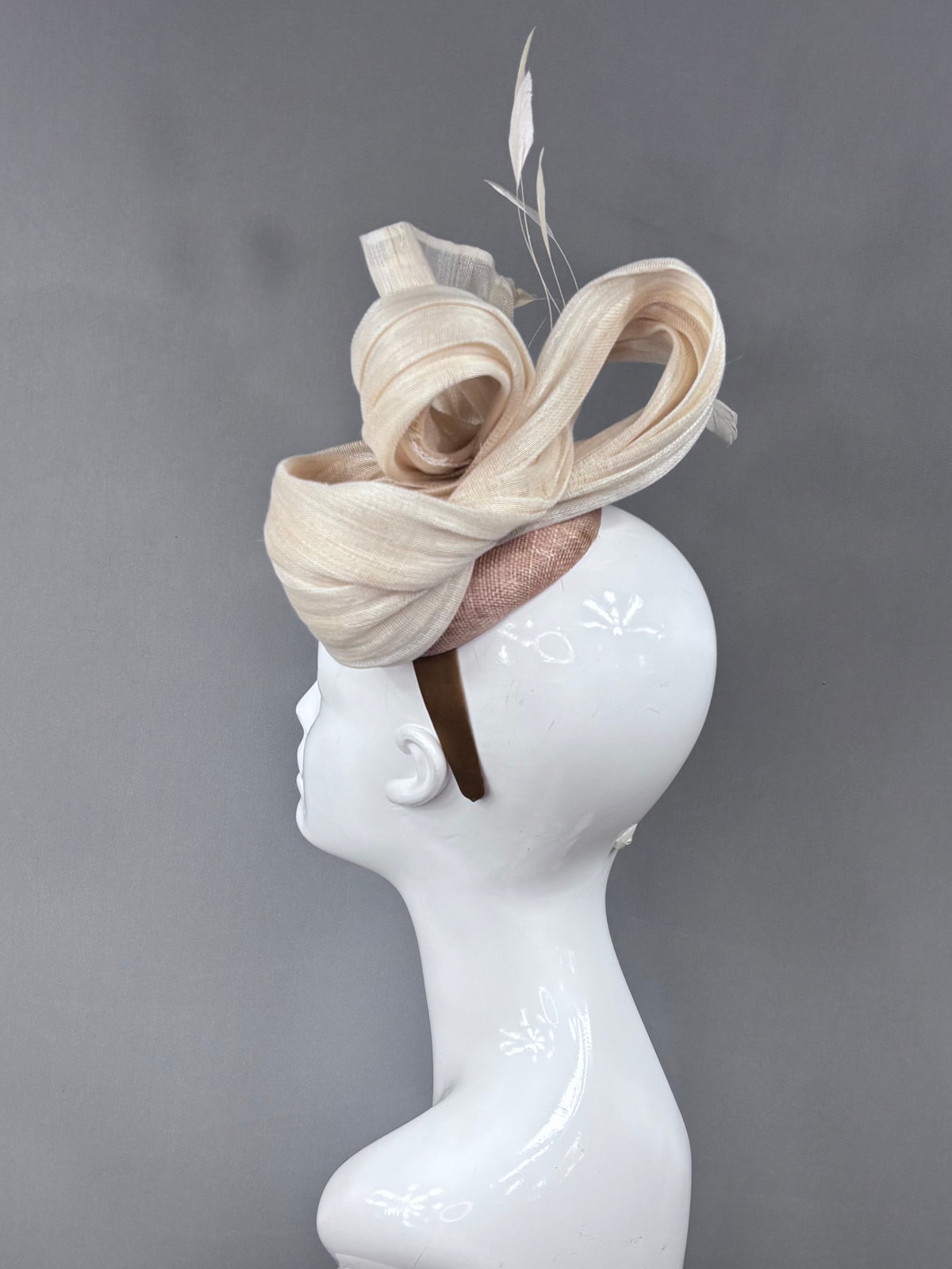 Kentucky Derby Fascinator Hat | Cream silk with cream feathers on beige button Headpiece | Derbyologie