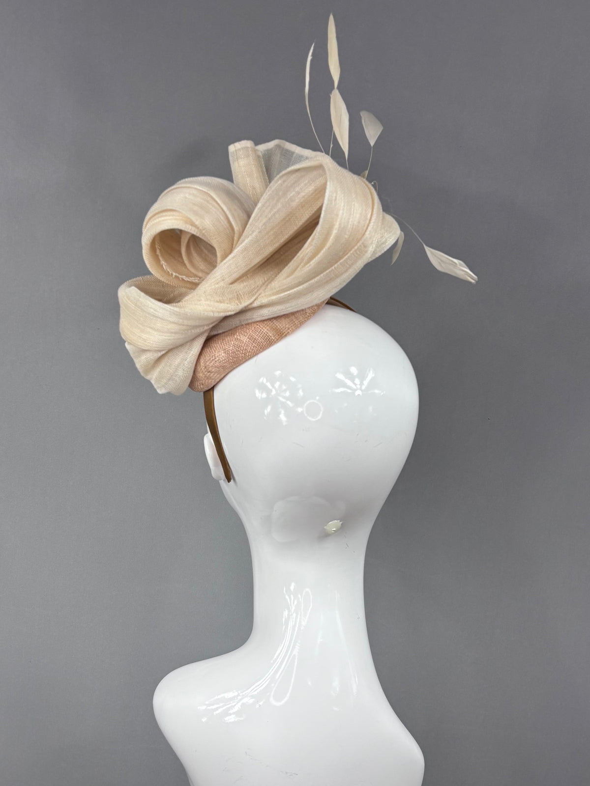 Kentucky Derby Fascinator Hat | Cream silk with cream feathers on beige button Headpiece | Derbyologie