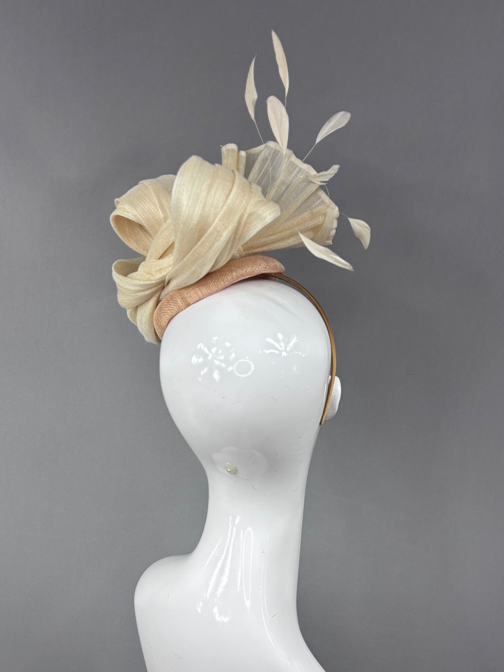 Kentucky Derby Fascinator Hat | Cream silk with cream feathers on beige button Headpiece | Derbyologie