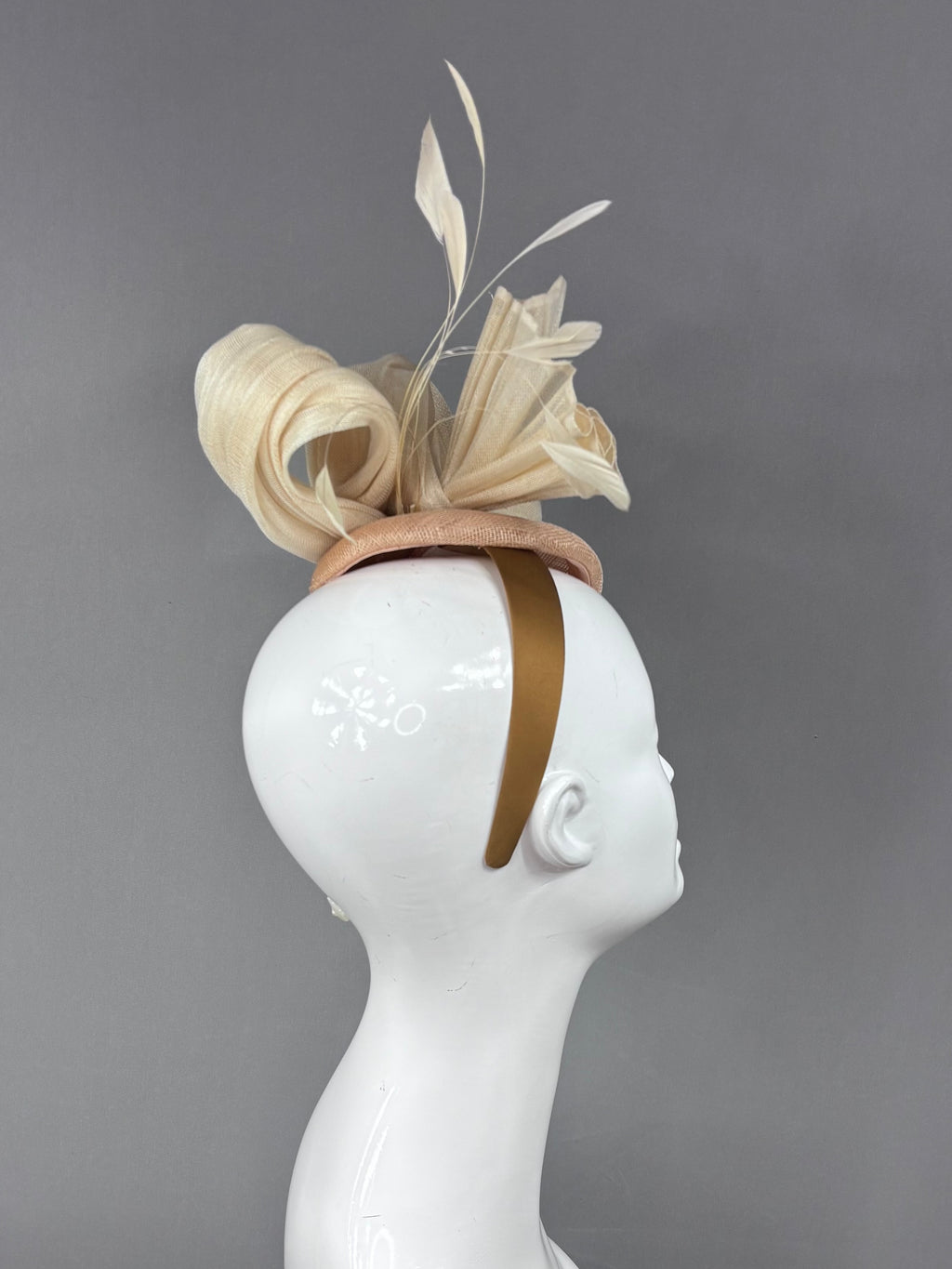 Kentucky Derby Fascinator Hat | Cream silk with cream feathers on beige button Headpiece | Derbyologie