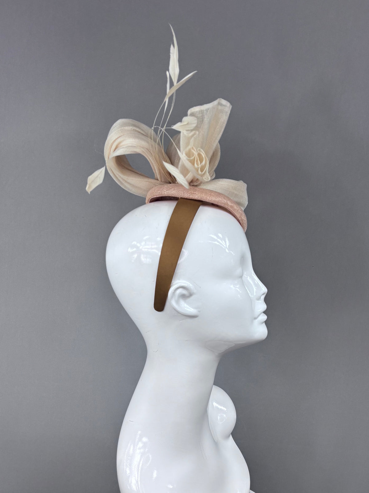 Kentucky Derby Fascinator Hat | Cream silk with cream feathers on beige button Headpiece | Derbyologie