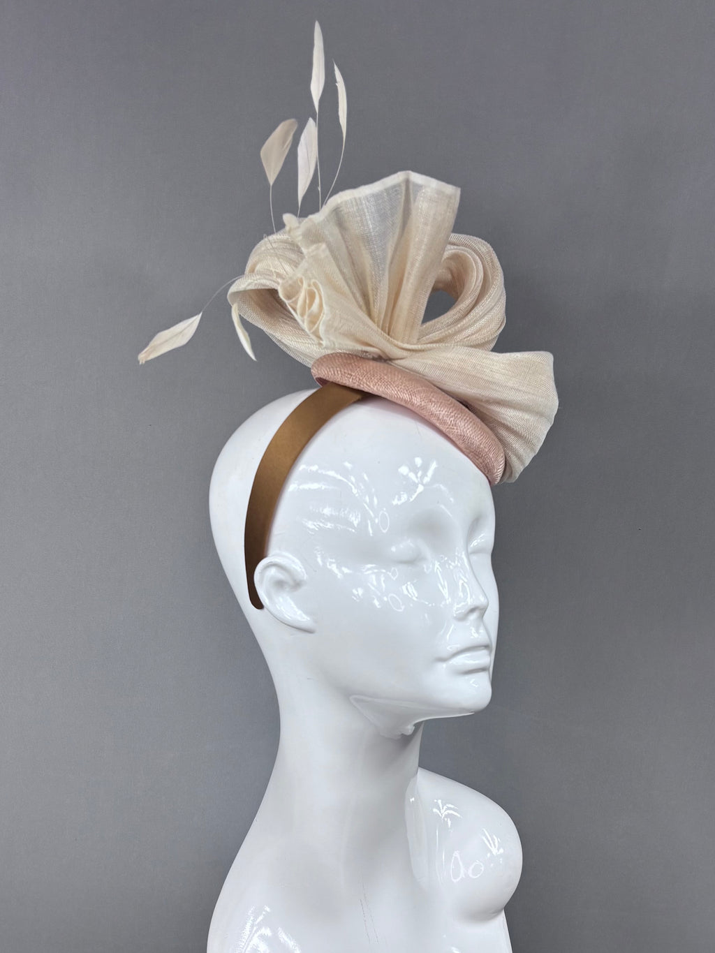 Kentucky Derby Fascinator Hat | Cream silk with cream feathers on beige button Headpiece | Derbyologie