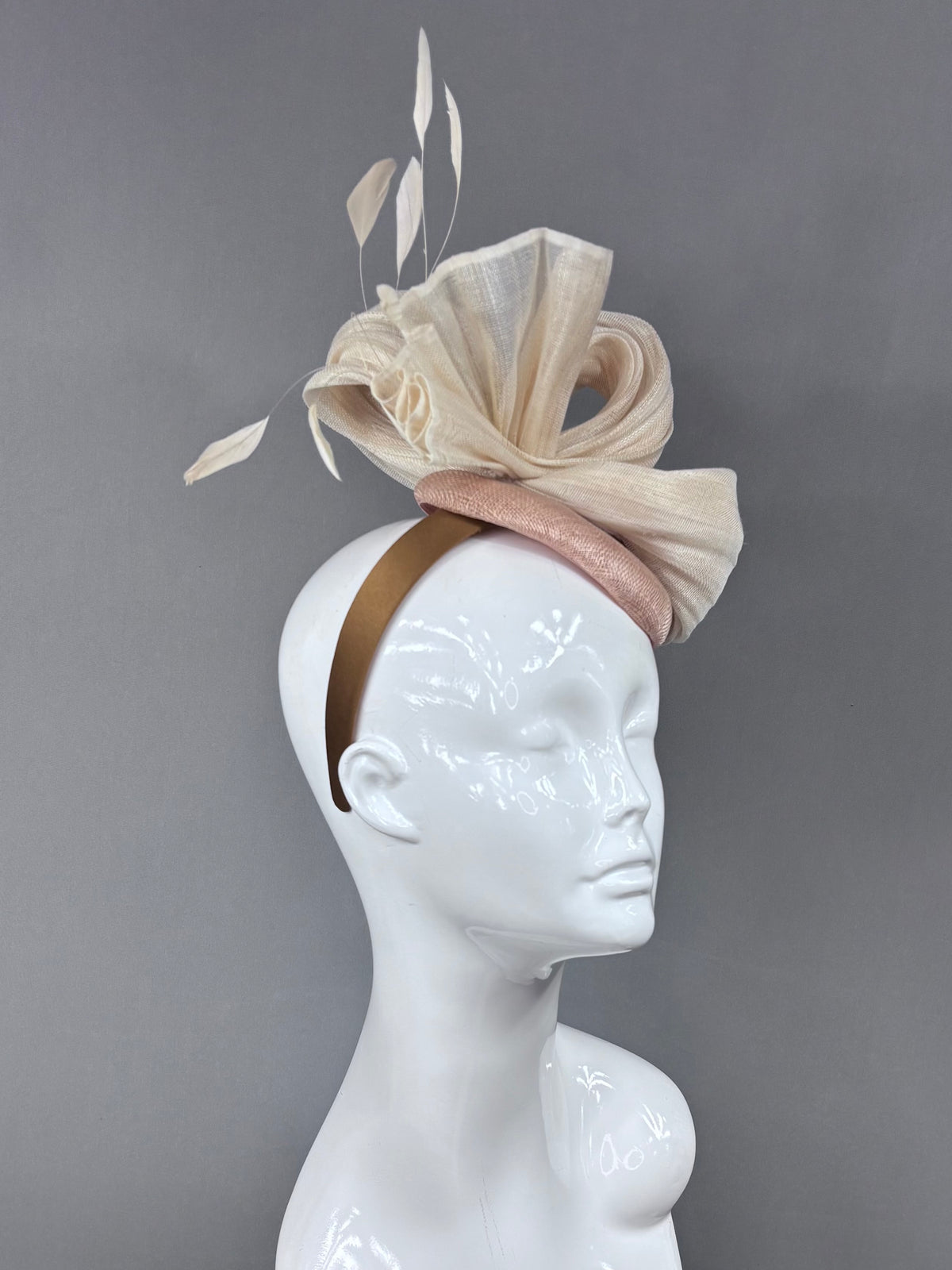 Kentucky Derby Fascinator Hat | Cream silk with cream feathers on beige button Headpiece | Derbyologie