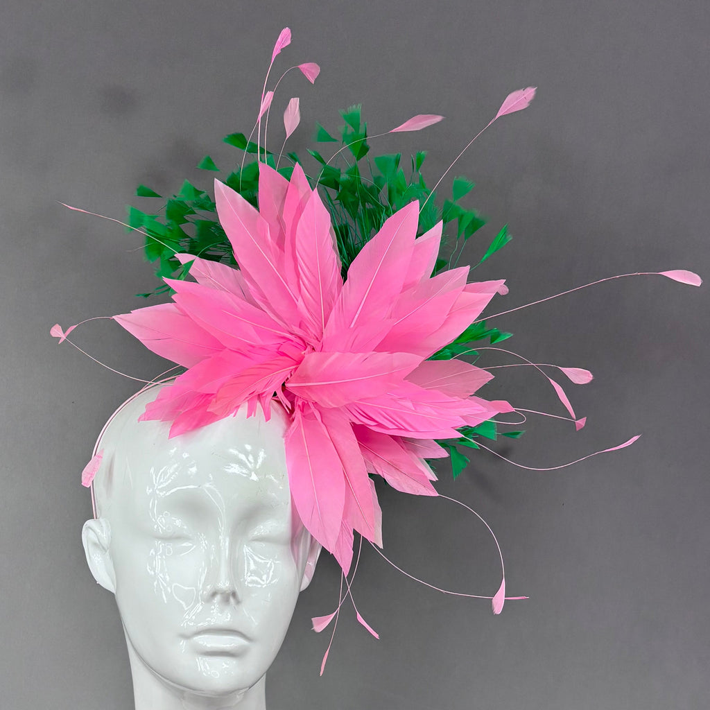 Kentucky Derby Fascinator Hat | Pink and green feathered Headpiece | Derbyologie