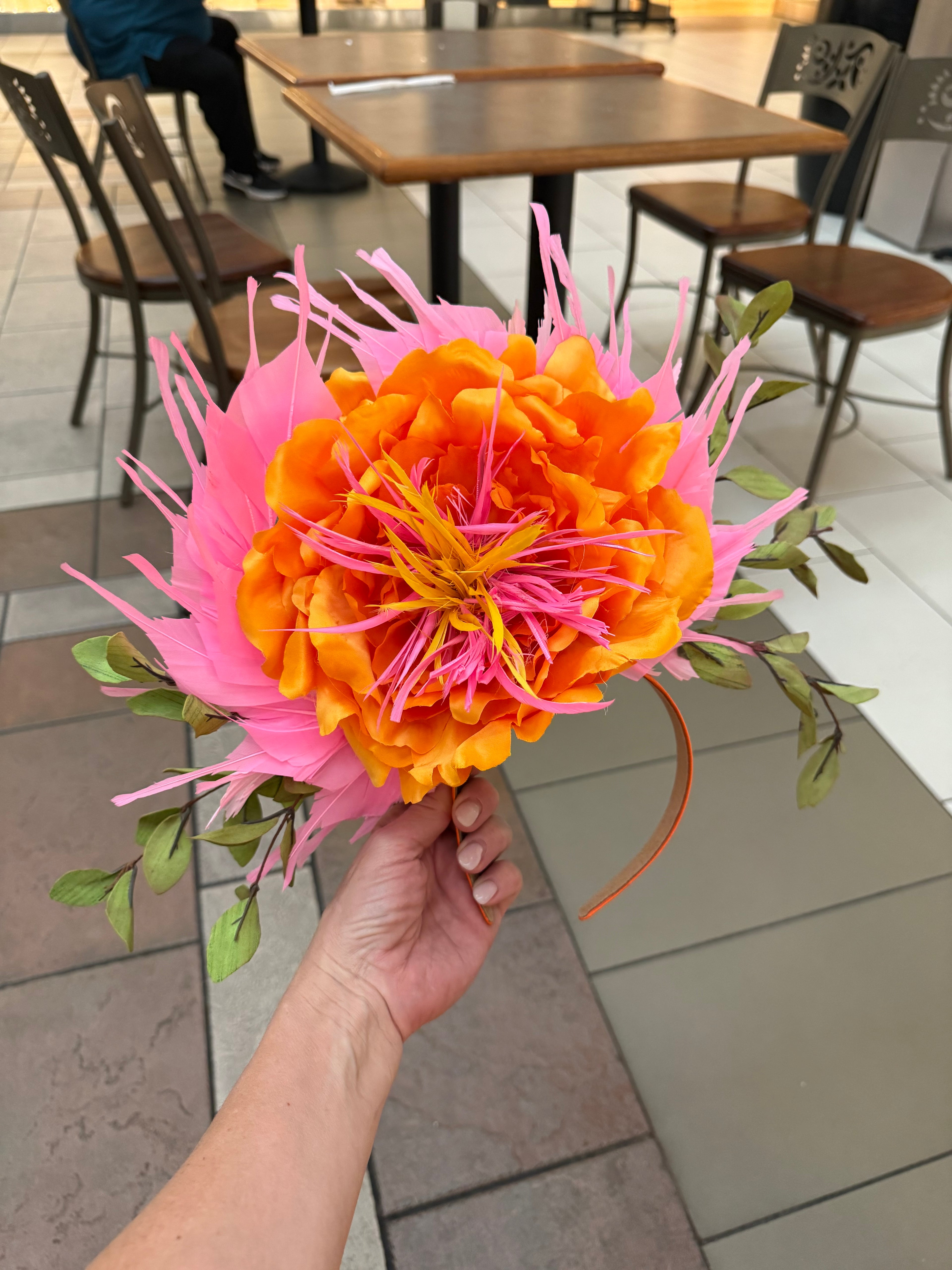 Oversized Orange flower, Derby Fascinator, Kentucky Derby Hat Alternative, Kentucky derby hat (GOLD LINE)