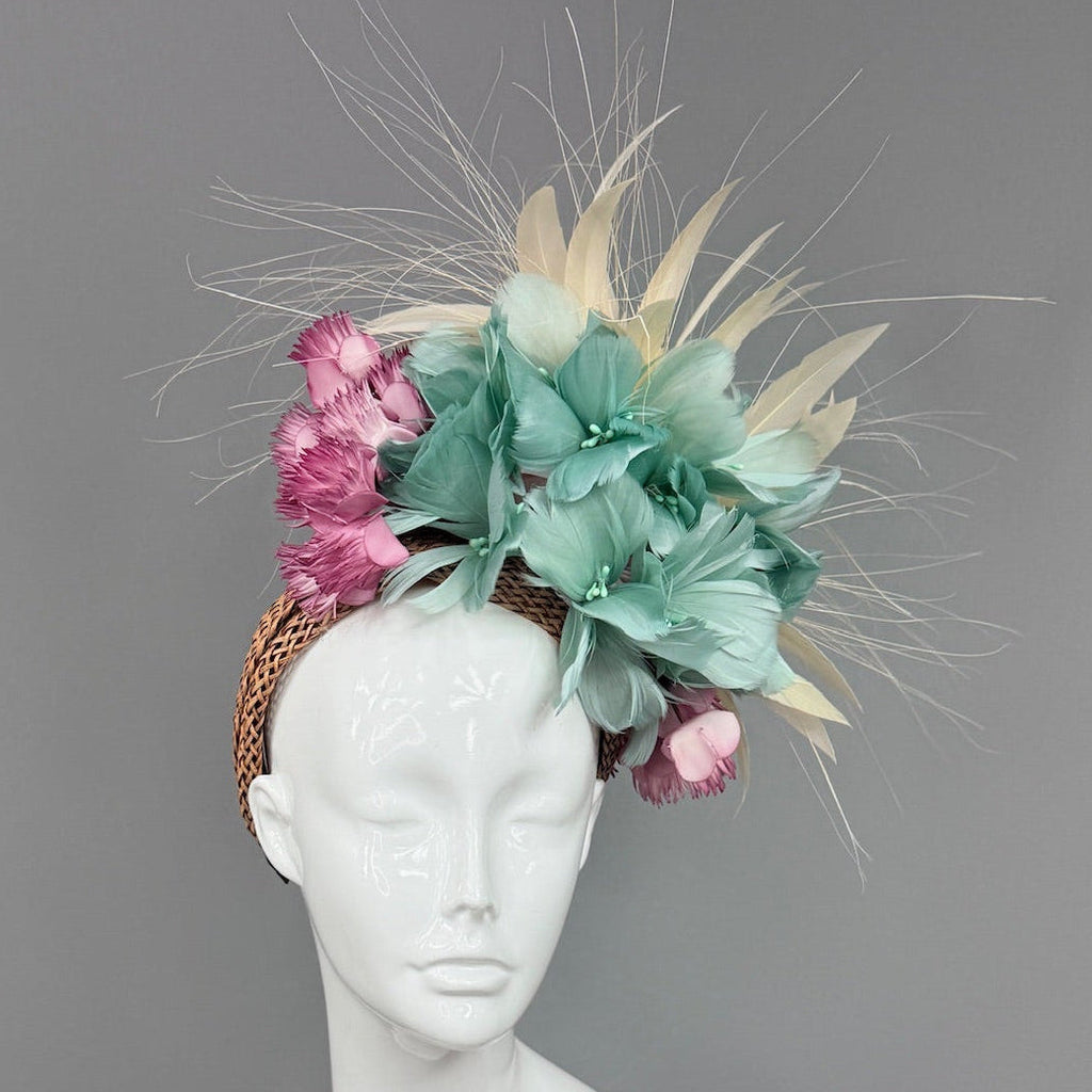 Kentucky Derby Fascinator Hat | Beige, Teal, and Violet Derby Hat | Derbyologie