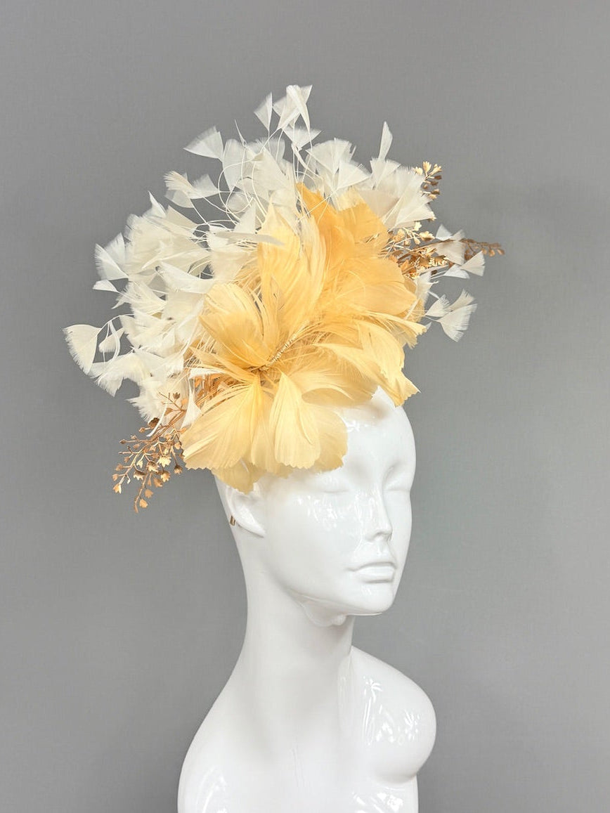 Kentucky Derby Fascinator Hat | Gold beige and White Derby Hat | Derbyologie