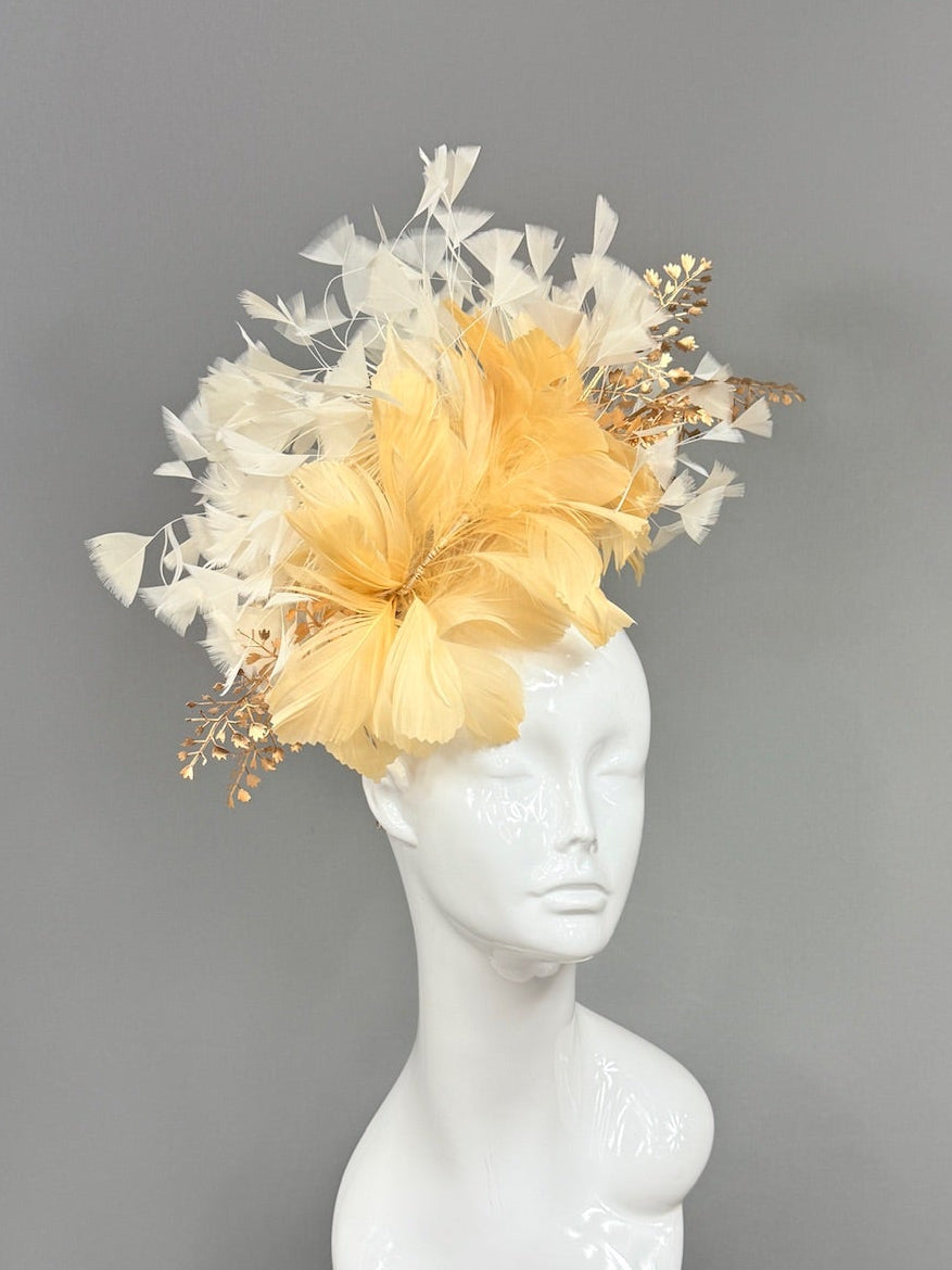 Kentucky Derby Fascinator Hat | Gold beige and White Derby Hat | Derbyologie