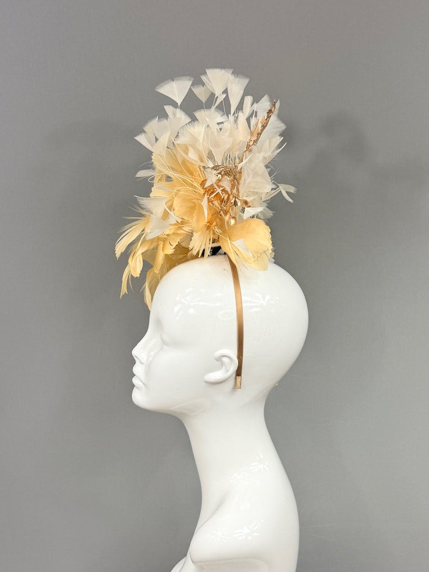 Kentucky Derby Fascinator Hat | Gold beige and White Derby Hat | Derbyologie
