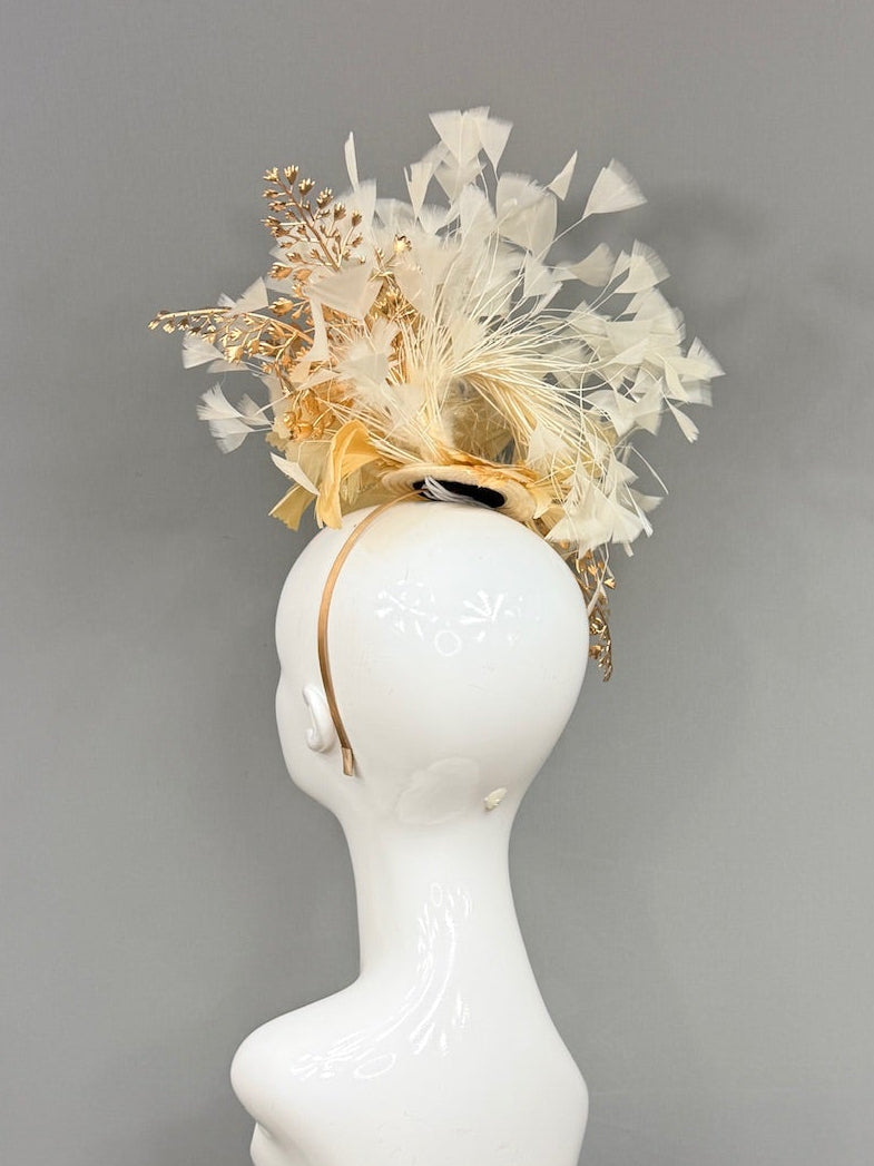 Kentucky Derby Fascinator Hat | Gold beige and White Derby Hat | Derbyologie