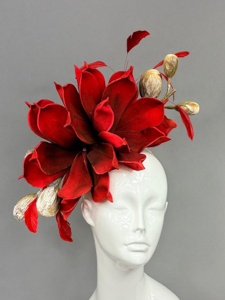 Kentucky Derby Fascinator Hat | Red and Beige Derby Hat | Derbyologie
