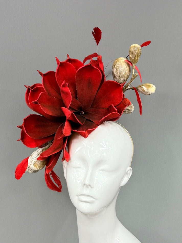 Kentucky Derby Fascinator Hat | Red and Beige Derby Hat | Derbyologie