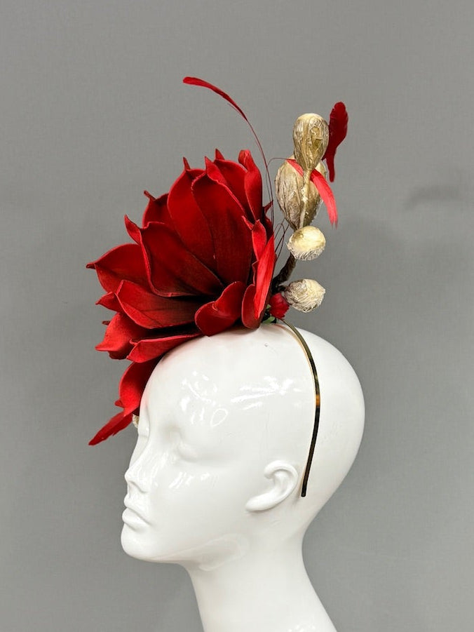 Kentucky Derby Fascinator Hat | Red and Beige Derby Hat | Derbyologie