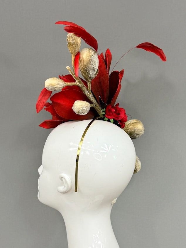 Kentucky Derby Fascinator Hat | Red and Beige Derby Hat | Derbyologie