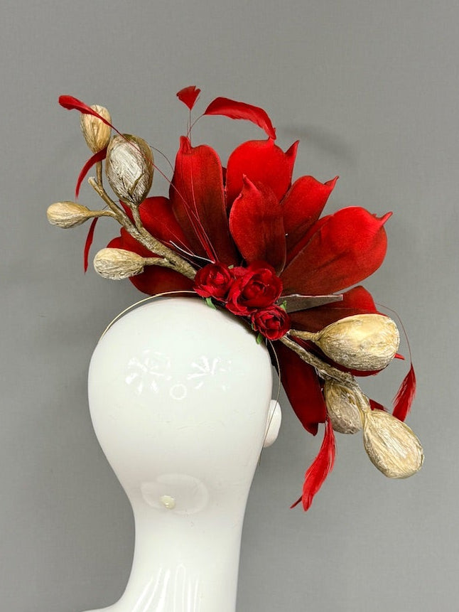Kentucky Derby Fascinator Hat | Red and Beige Derby Hat | Derbyologie