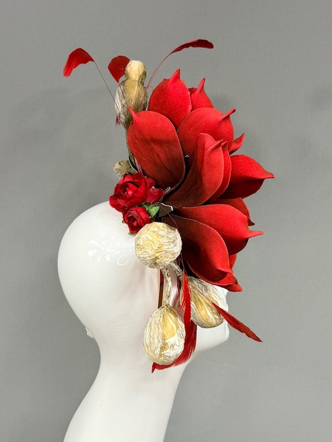 Kentucky Derby Fascinator Hat | Red and Beige Derby Hat | Derbyologie