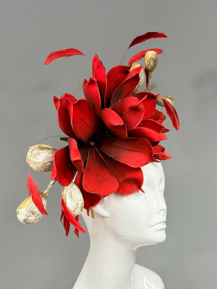 Kentucky Derby Fascinator Hat | Red and Beige Derby Hat | Derbyologie