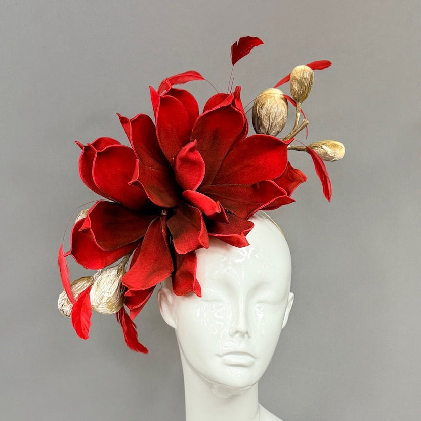 Kentucky Derby Fascinator Hat | Red and Beige Derby Hat | Derbyologie