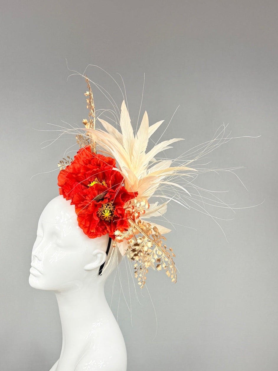Kentucky Derby Fascinator Hat | Red and Beige Derby Hat | Derbyologie