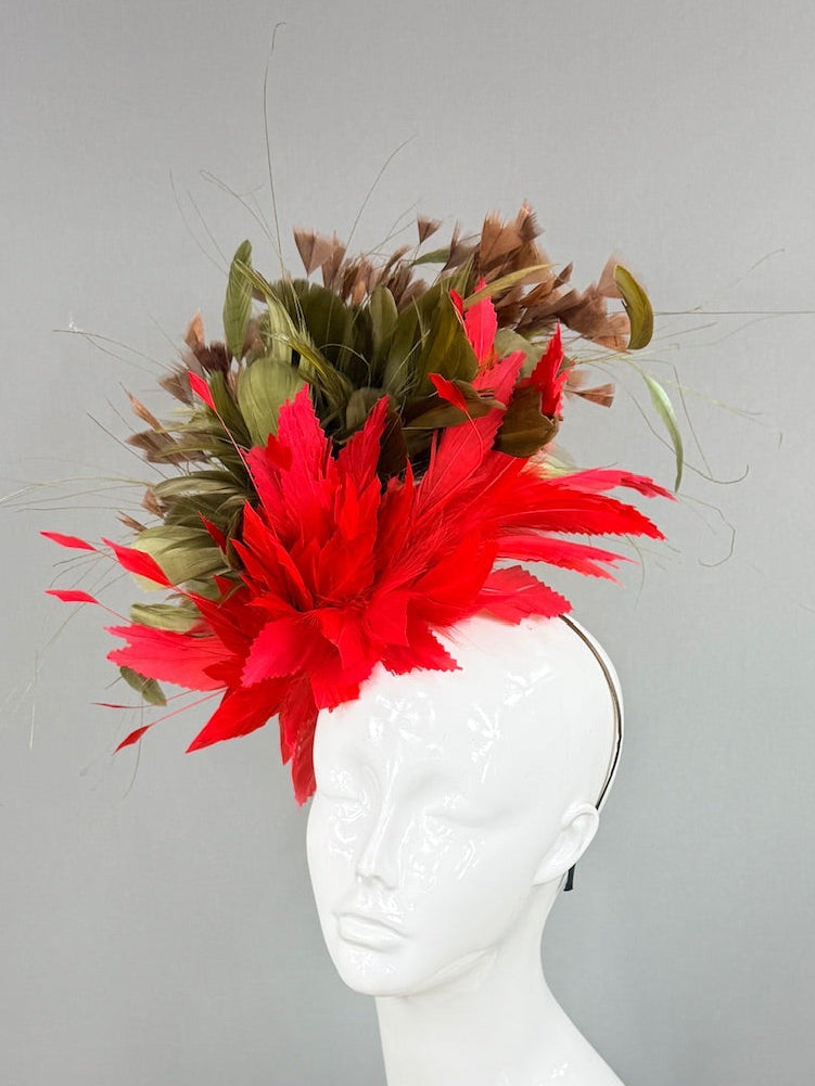 Kentucky Derby Fascinator Hat | Red, Green, and Brown Headpiece | Derbyologie
