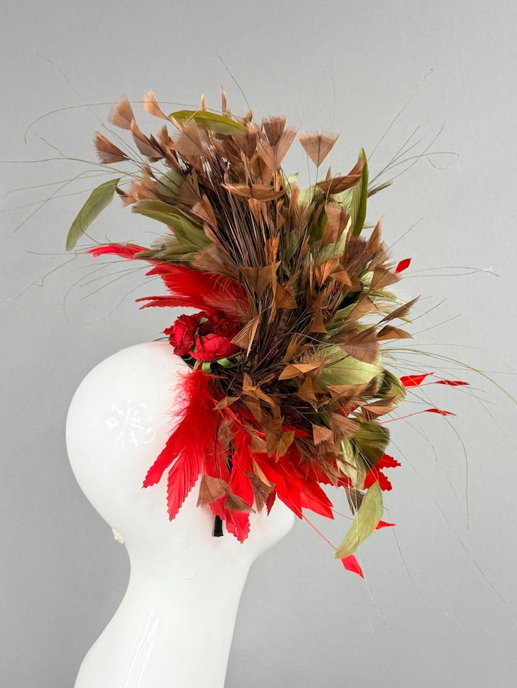 Kentucky Derby Fascinator Hat | Red, Green, and Brown Headpiece | Derbyologie