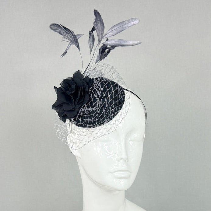 Kentucky Derby Fascinator Hat | Black and Gray Flower Headpiece | Derbyologie