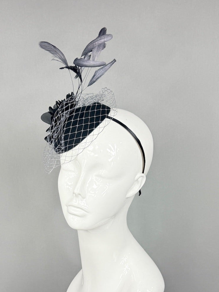 Kentucky Derby Fascinator Hat | Black and Gray Flower Headpiece | Derbyologie